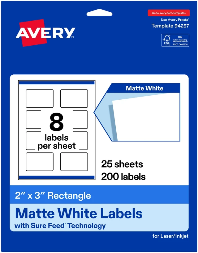 Main image of Avery® Matte White Rectangle Labels, 2" x 3", 200 Labels