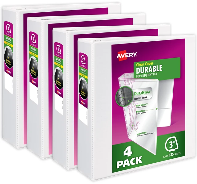 Main image of Avery® Durable View 3 Ring Binders, 3" Slant Rings, 4 White Binders