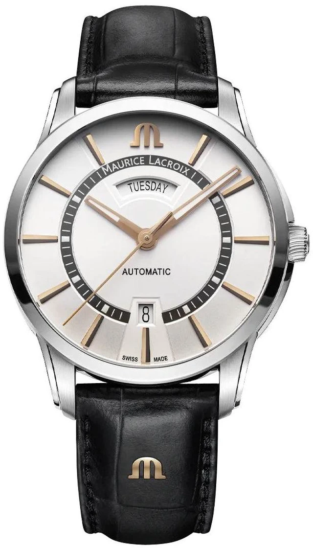 Main image of Maurice Lacroix Pontos Automatic Stainless Steel Silver Dial Black Leather Strap Day/Date Mens Watch PT6358-SS001-230-2