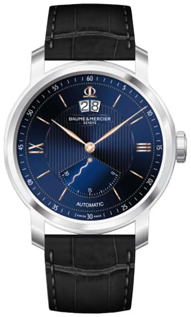 Main image of Limited Edition Baume & Mercier Classima Automatic Stainless Steel Blue Dial Black Leather Strap Retrograde Seconds Date Mens Watch M0A10188