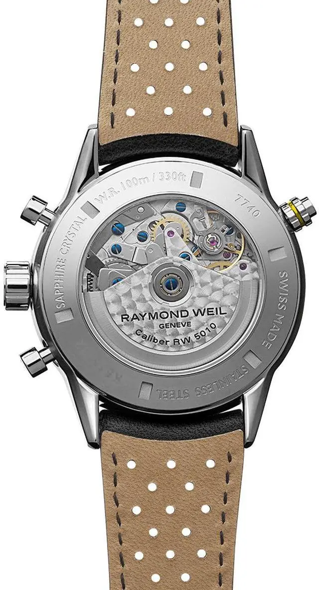 Alt view image 3 of 3 - Raymond Weil Freelancer Automatic Chronograph Stainless Steel Black Dial Black Leather Strap Date Mens Watch 7740-SC1-20021