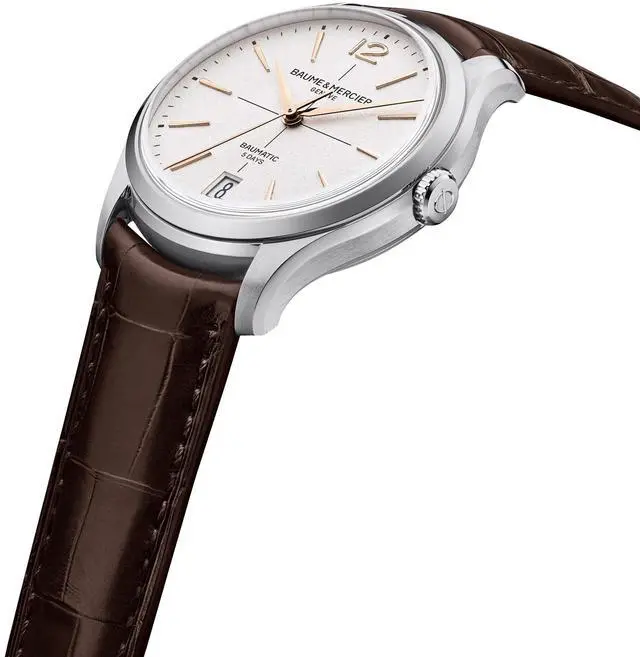 Alt view image 2 of 3 - Baume & Mercier Clifton Baumatic Automatic Stainless Steel Silver Dial Brown Leather Strap Date Mens Watch M0A10773