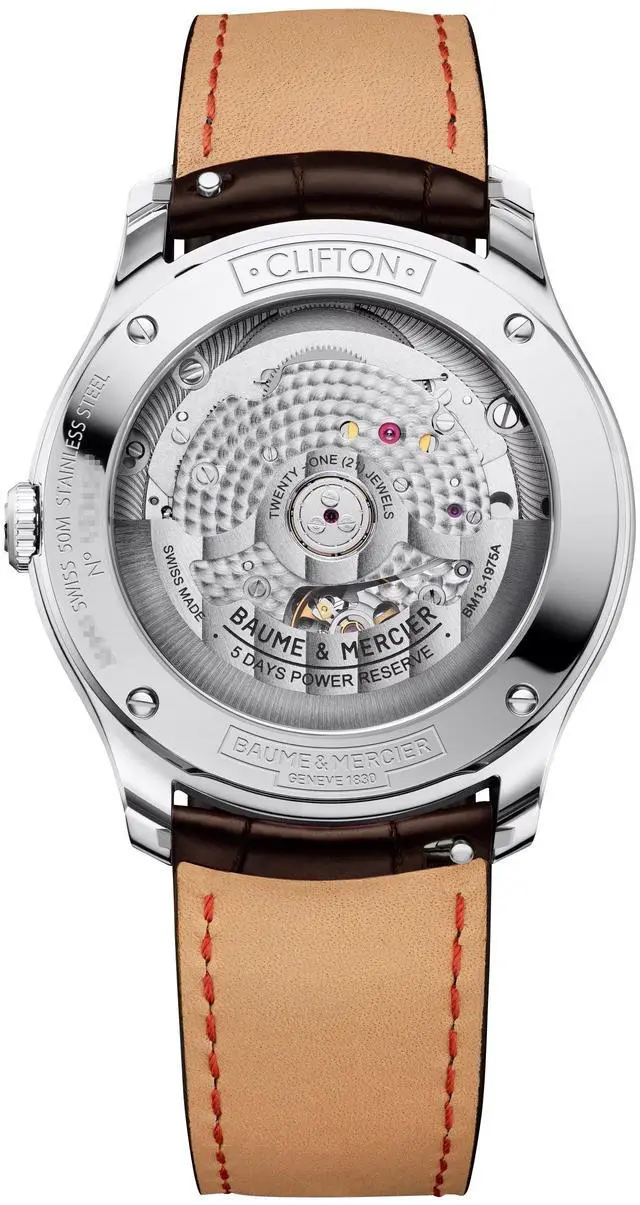 Alt view image 3 of 3 - Baume & Mercier Clifton Baumatic Automatic Stainless Steel Silver Dial Brown Leather Strap Date Mens Watch M0A10773