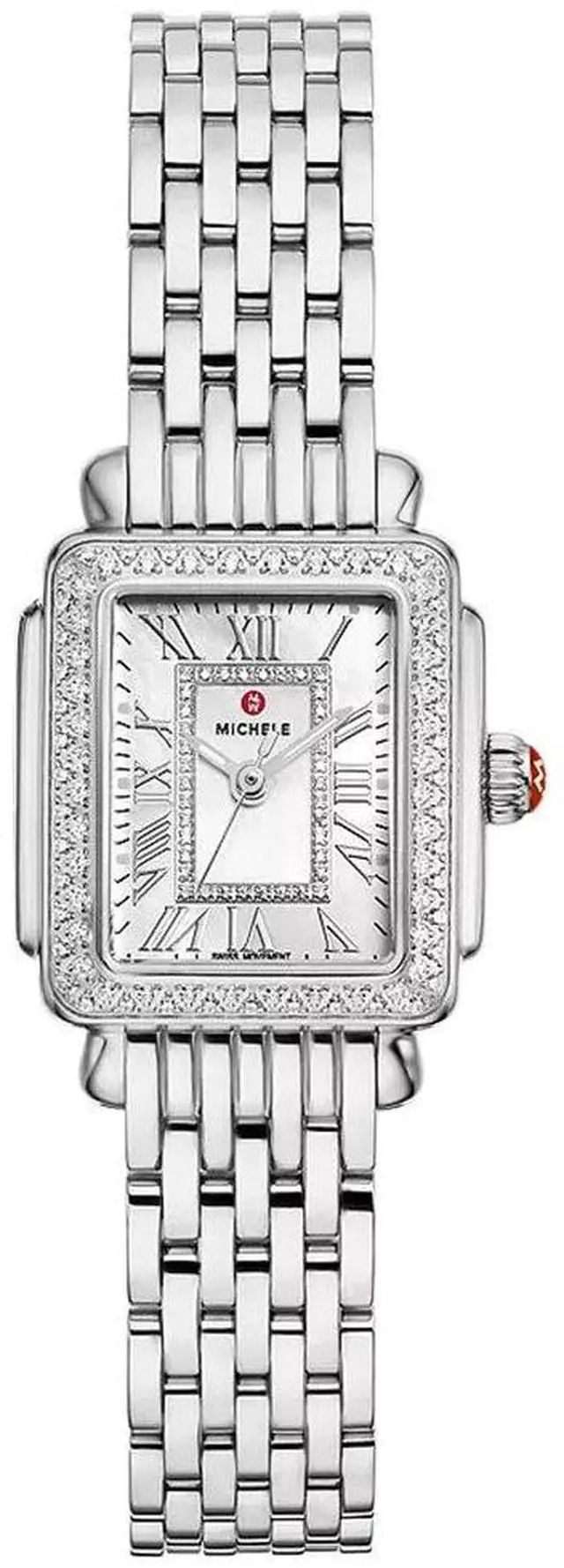 Main image of Michele Deco Madison Mini Stainless Steel Diamonds Mother-of-Pearl Dial Rectangle Womens Watch MWW06D000171