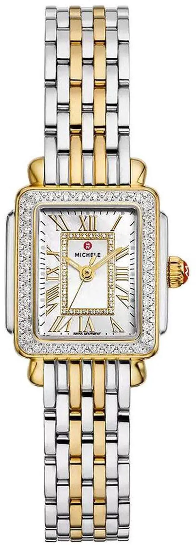 Main image of Michele Deco Madison Mini Two-Tone Steel Diamonds Mother-of-Pearl Dial Rectangle Womens Watch MWW06D000172