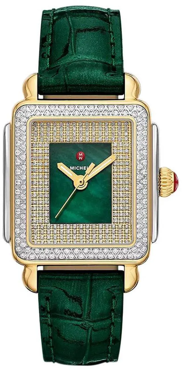Main image of Michele Special Edition Deco Madison Mid Green Mother-of-Pearl Dial Diamonds Two-Tone Steel Green Leather Strap Women's Watch MWW06G000048