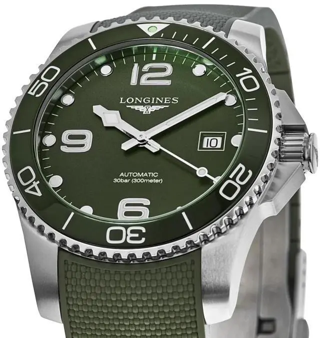 Alt view image 3 of 6 - Longines HydroConquest Automatic Stainless Steel Green Dial Green Rubber Strap Date Divers Mens Watch L3.782.4.06.9