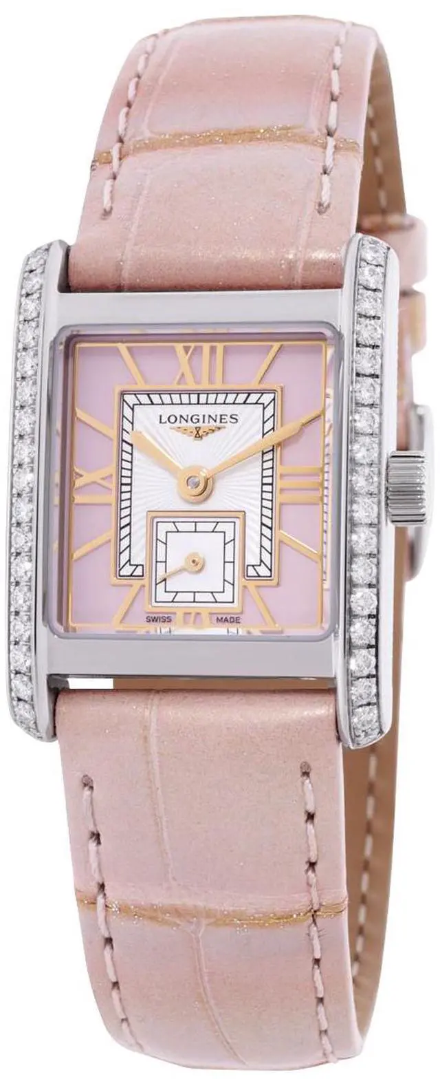Main image of Longines Mini DolceVita Stainless Steel Pink Dial Pink Leather Strap Diamonds Quartz Womens Watch L5.200.0.99.2