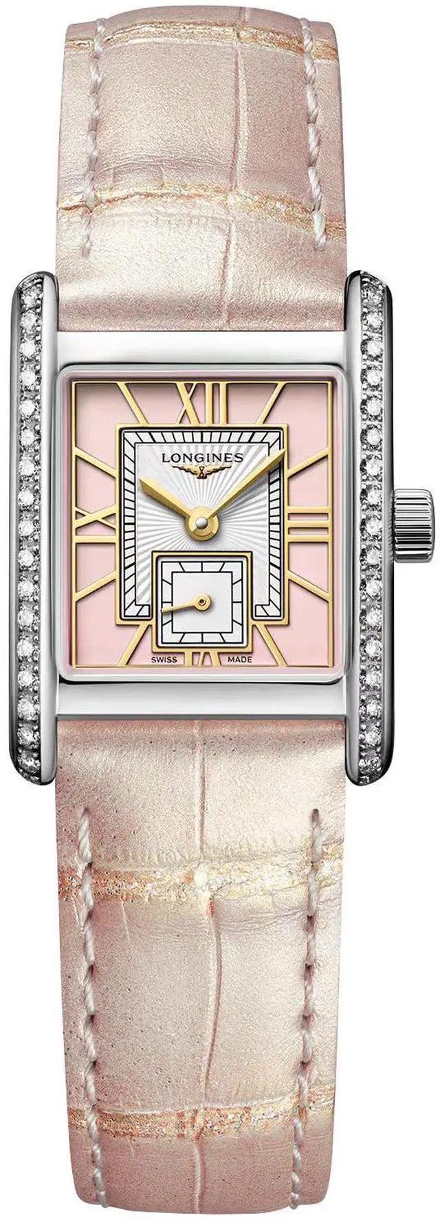 Alt view image 2 of 7 - Longines Mini DolceVita Stainless Steel Pink Dial Pink Leather Strap Diamonds Quartz Womens Watch L5.200.0.99.2