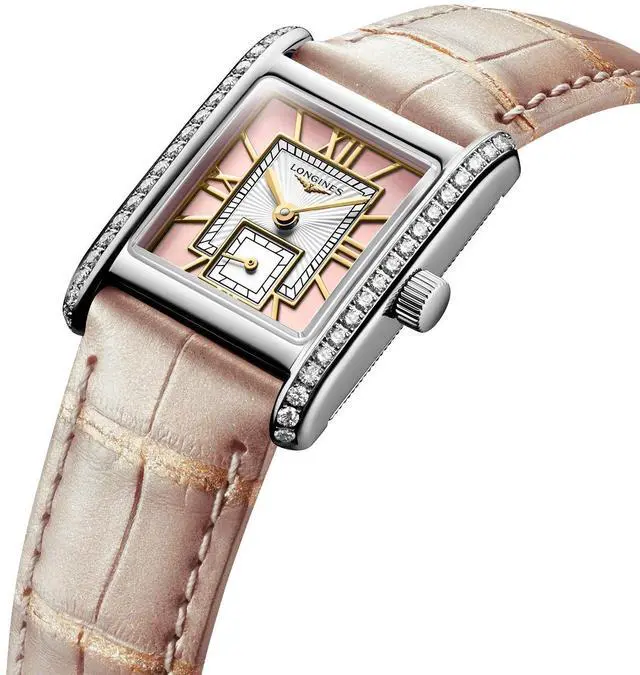 Alt view image 3 of 7 - Longines Mini DolceVita Stainless Steel Pink Dial Pink Leather Strap Diamonds Quartz Womens Watch L5.200.0.99.2