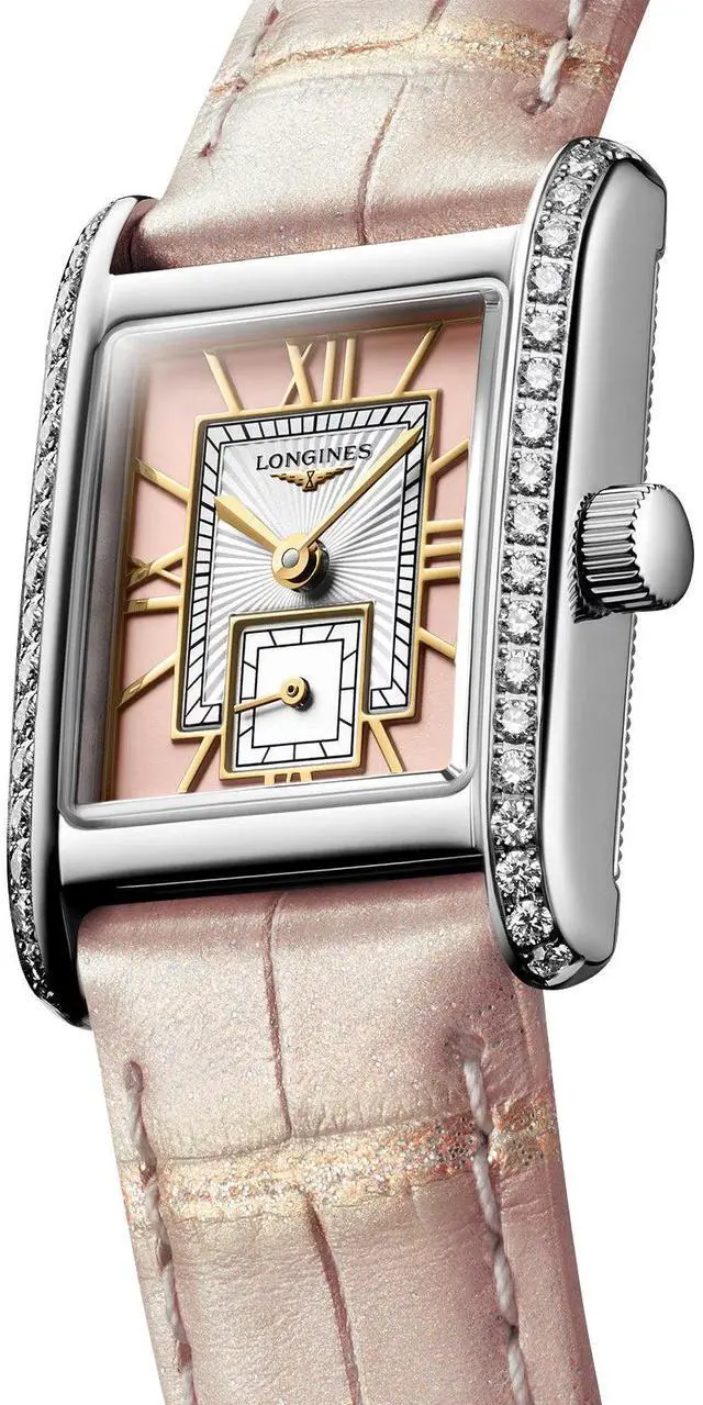 Alt view image 4 of 7 - Longines Mini DolceVita Stainless Steel Pink Dial Pink Leather Strap Diamonds Quartz Womens Watch L5.200.0.99.2