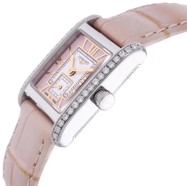 Alt view image 6 of 7 - Longines Mini DolceVita Stainless Steel Pink Dial Pink Leather Strap Diamonds Quartz Womens Watch L5.200.0.99.2