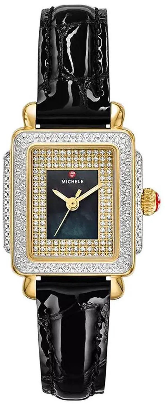 Main image of Michele Special Edition Deco Madison Mini Black Mother-of-Pearl Dial Diamonds Black Leather Strap Women's Watch MWW06D000175