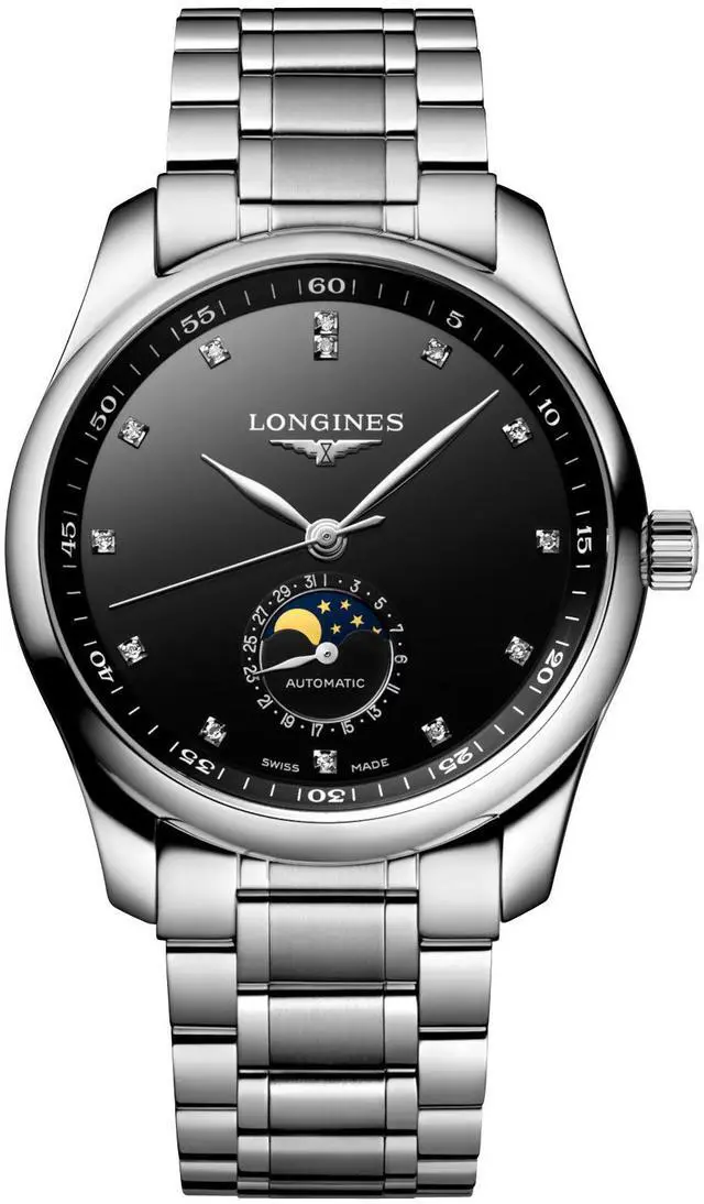 Alt view image 2 of 7 - Longines Master Collection Automatic Stainless Steel Black Dial Moonphase Date Diamonds Mens Watch L2.909.4.57.6