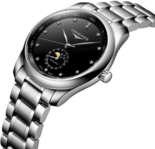 Alt view image 3 of 7 - Longines Master Collection Automatic Stainless Steel Black Dial Moonphase Date Diamonds Mens Watch L2.909.4.57.6