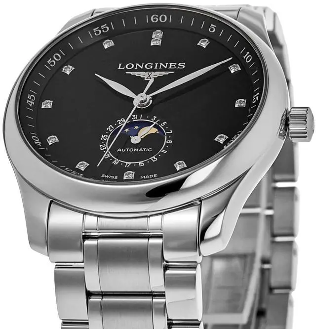 Alt view image 5 of 7 - Longines Master Collection Automatic Stainless Steel Black Dial Moonphase Date Diamonds Mens Watch L2.909.4.57.6