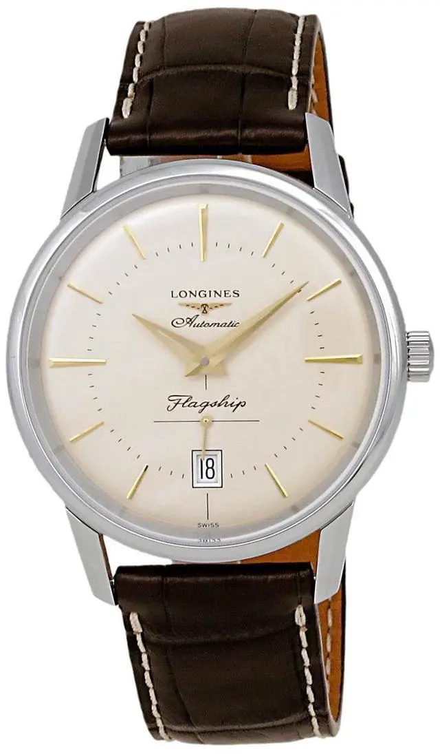 Alt view image 2 of 7 - Longines Flagship Heritage Automatic Stainless Steel Ivory Dial Brown Leather Strap Date Mens Watch L4.795.4.78.2
