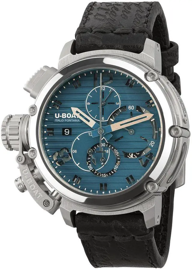 Main image of Limited Edition U-Boat Chimera Automatic Chronograph Stainless Steel Blue Dial Black Leather Strap Date Mens Watch 9589