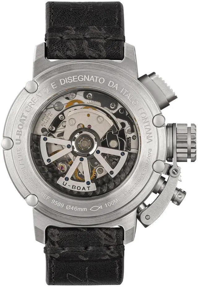 Alt view image 2 of 2 - Limited Edition U-Boat Chimera Automatic Chronograph Stainless Steel Blue Dial Black Leather Strap Date Mens Watch 9589