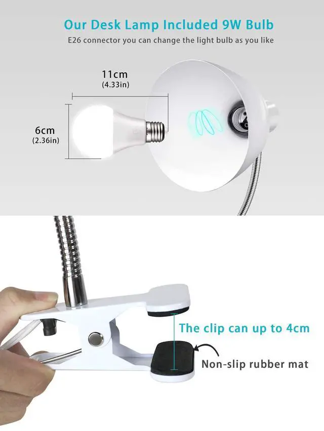 Alt view image 5 of 7 - Desk lamp Eye-Caring Table Lamps, 360°Rotation Gooseneck Clip on Lamp Reading Light Portable Reading Book Light Clamp Study Desk Lamps for Bedroom and Office Home Lighting (White)