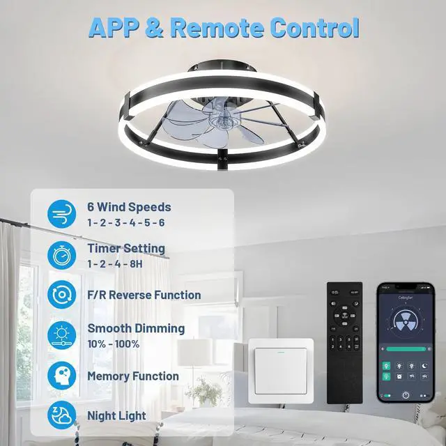 Alt view image 2 of 7 - Low Profile Bladeless Ceiling Fan with Lights & Remote - 19.7" Flush Mount Fandelier Light Fan for Bedroom/Kitchen, 3000-6000K Dimmable LED, 6-Speed Modern Fan with Lights for Home/Office