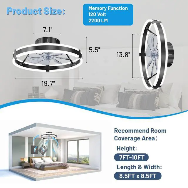 Alt view image 7 of 7 - Low Profile Bladeless Ceiling Fan with Lights & Remote - 19.7" Flush Mount Fandelier Light Fan for Bedroom/Kitchen, 3000-6000K Dimmable LED, 6-Speed Modern Fan with Lights for Home/Office