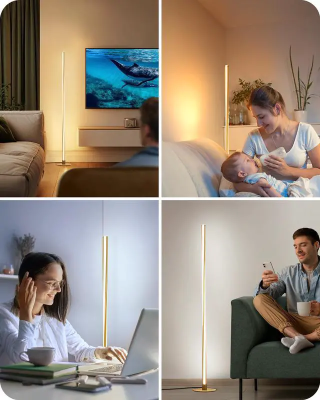 Alt view image 5 of 7 - Helix LED Floor Lamp, 56" Tall Pole Lamps 2700K-6000K Dimmable, Remote Control & Foot Switch, Modern Minimalist Standing Corner Lights for Bedroom, Living Room, Office, Gold