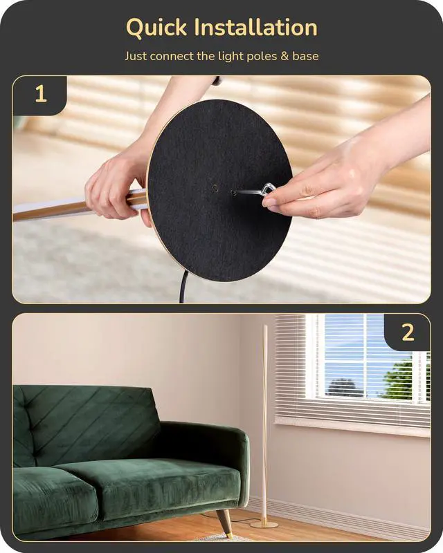 Alt view image 6 of 7 - Helix LED Floor Lamp, 56" Tall Pole Lamps 2700K-6000K Dimmable, Remote Control & Foot Switch, Modern Minimalist Standing Corner Lights for Bedroom, Living Room, Office, Gold