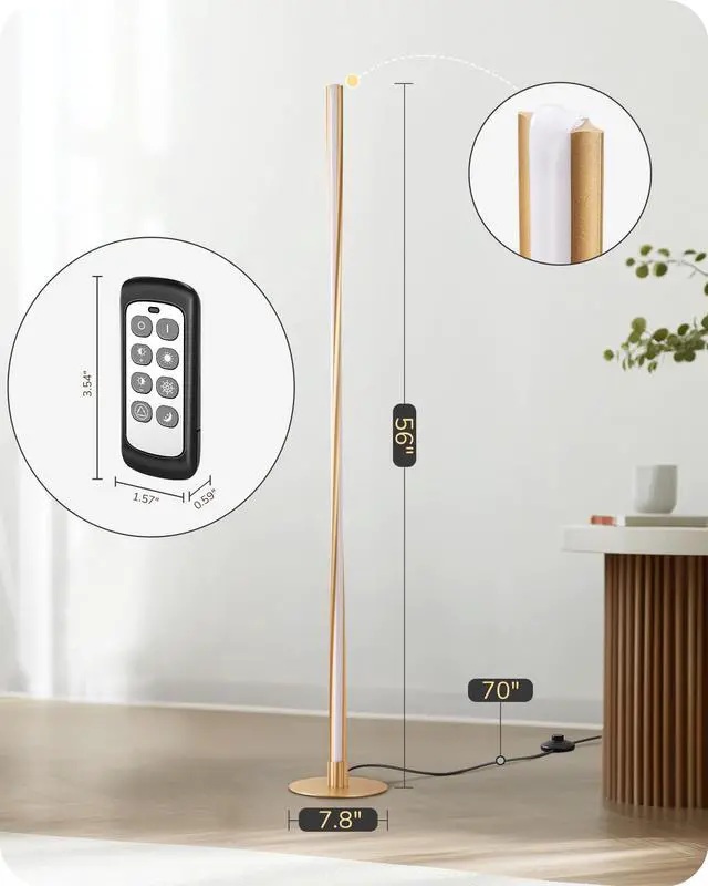 Alt view image 7 of 7 - Helix LED Floor Lamp, 56" Tall Pole Lamps 2700K-6000K Dimmable, Remote Control & Foot Switch, Modern Minimalist Standing Corner Lights for Bedroom, Living Room, Office, Gold