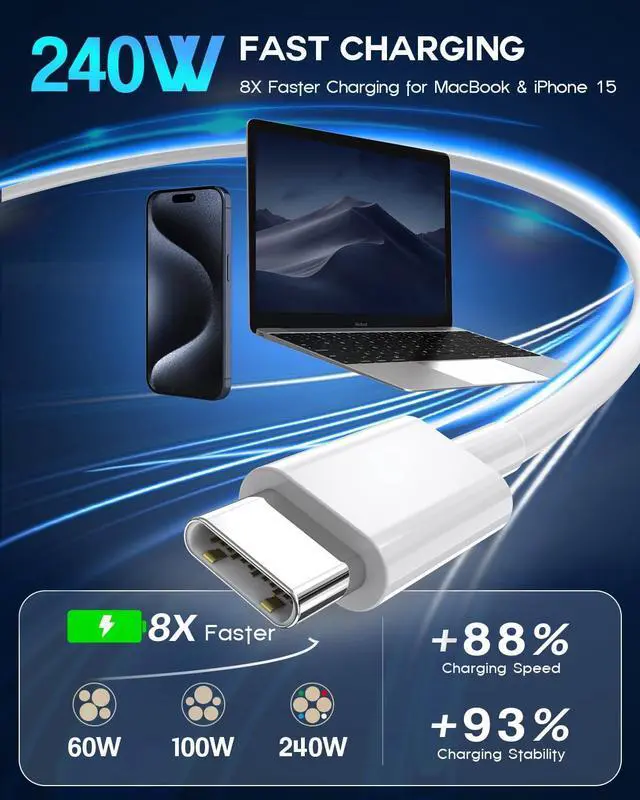 Alt view image 2 of 7 - USB C to USB C, 240W USB C Cable, 6.6ft C to C Cable Fast Charging for Macbook Pro/Macbook Air, iPad Pro 12.9-inch, iPhone 15/Pro Max/Pro/Plus, Samsung Galaxy S23,Compatible 140W/100W /65W/45W/35W/20W