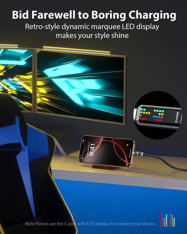 Alt view image 3 of 7 - 240W USB C to USB C Cable, 6.6FT-2Pack Fast Charging Cable with LED Display, Type C Charging Cord for iPhone 17/16/16 Plus/16 Pro/16 ProMax, MacBook Pro/Air, iPad Pro, Galaxy S24 Ultra, Black