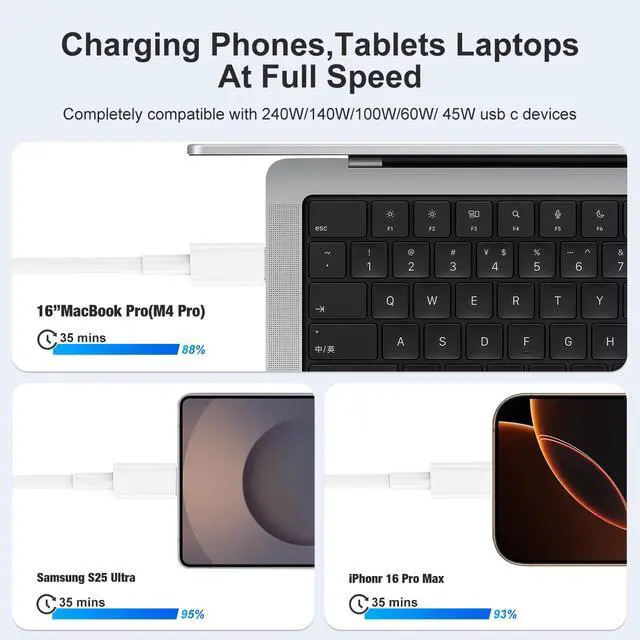 Alt view image 3 of 7 - 240W USB C Charging Cable for MacBook Pro/Air & for iPhone 17/16 Pro Max, MFi Certified 48V/5A Super Fast Charger Cord 6ft+10ft, PD 3.0 Compatible with iPad Pro 12.9/11, Samsung S25/S24(2-Pack)