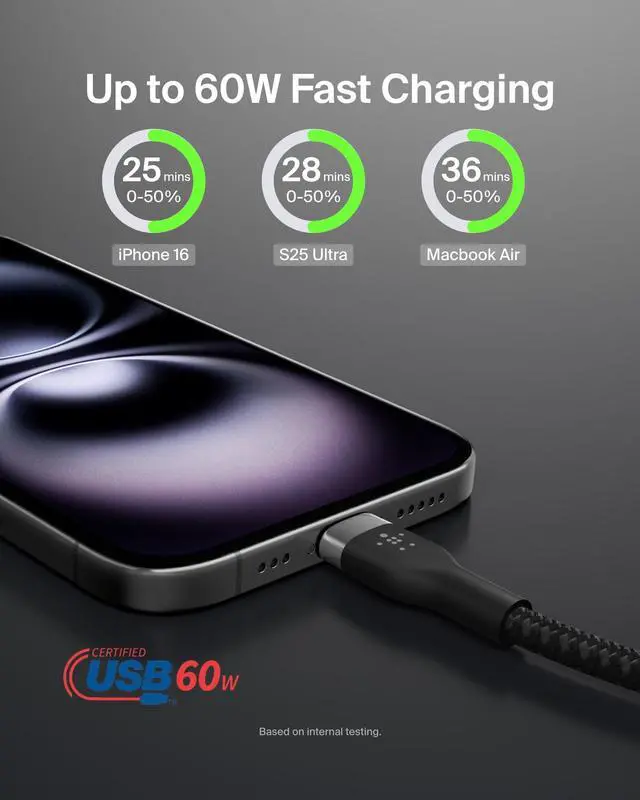 Alt view image 2 of 7 - BoostCharge Pro Flex Braided USB-C to USB-C Charger Cable (2M/6.6ft), USB-IF Fast Charging Cable for iPhone 16 Series, Macbook Pro, iPad Pro, Galaxy S25, S24, Nintendo Switch 2 & More - Black