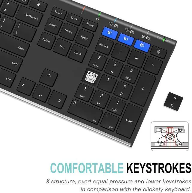 Alt view image 4 of 7 - HB192 Universal Bluetooth Keyboard Multi-Device Stainless Steel Full Size Wireless Keyboard for Windows iOS Android Computer Desktop Laptop Surface Tablet Smartphone Rechargeable Battery