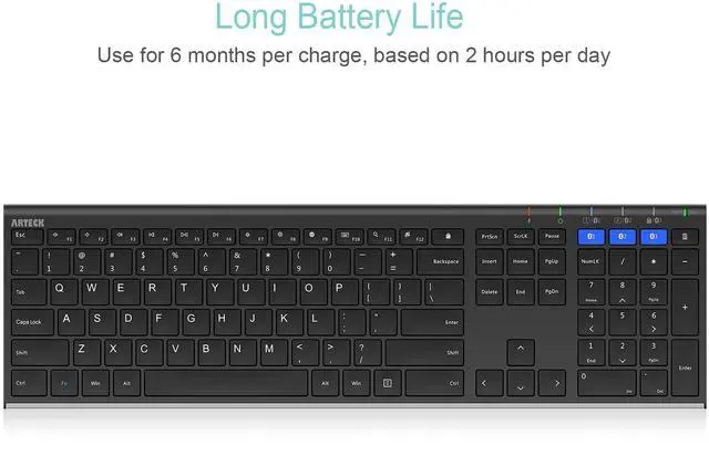 Alt view image 5 of 7 - HB192 Universal Bluetooth Keyboard Multi-Device Stainless Steel Full Size Wireless Keyboard for Windows iOS Android Computer Desktop Laptop Surface Tablet Smartphone Rechargeable Battery
