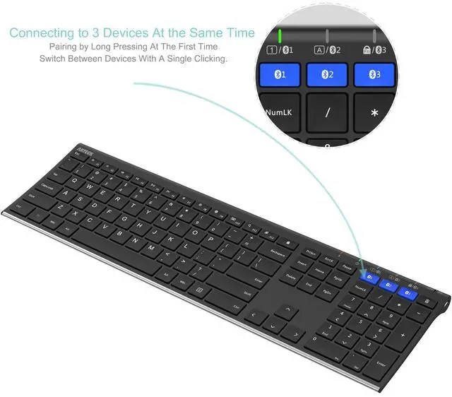 Alt view image 2 of 7 - HB192 Universal Bluetooth Keyboard Multi-Device Stainless Steel Full Size Wireless Keyboard for Windows iOS Android Computer Desktop Laptop Surface Tablet Smartphone Rechargeable Battery