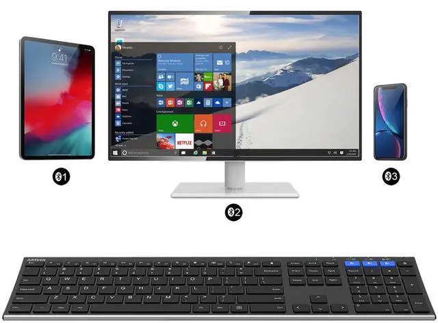 Alt view image 7 of 7 - HB192 Universal Bluetooth Keyboard Multi-Device Stainless Steel Full Size Wireless Keyboard for Windows iOS Android Computer Desktop Laptop Surface Tablet Smartphone Rechargeable Battery