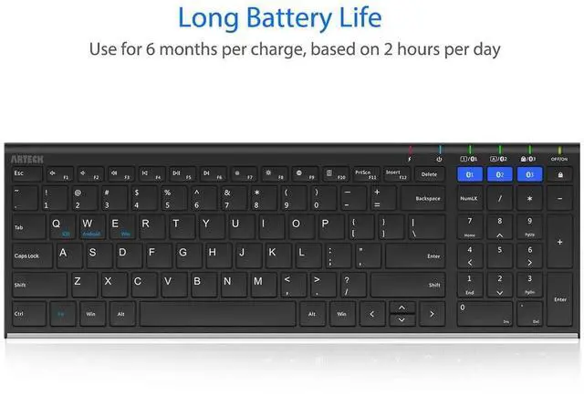 Alt view image 5 of 7 - HB193 Universal Bluetooth Keyboard Multi-Device Stainless Steel Full Size Wireless Keyboard for Windows, iOS, Android, Computer Desktop Laptop Surface Tablet Smartphone Rechargeable Battery