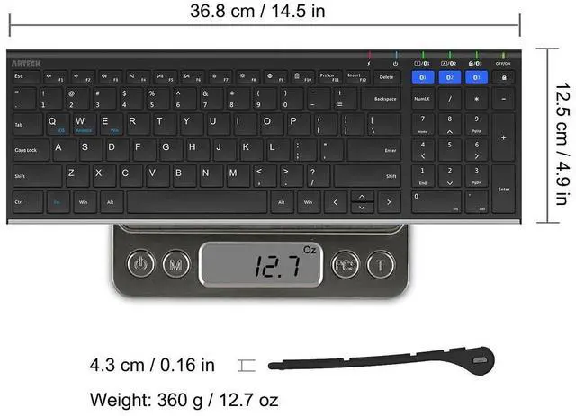Alt view image 6 of 7 - HB193 Universal Bluetooth Keyboard Multi-Device Stainless Steel Full Size Wireless Keyboard for Windows, iOS, Android, Computer Desktop Laptop Surface Tablet Smartphone Rechargeable Battery