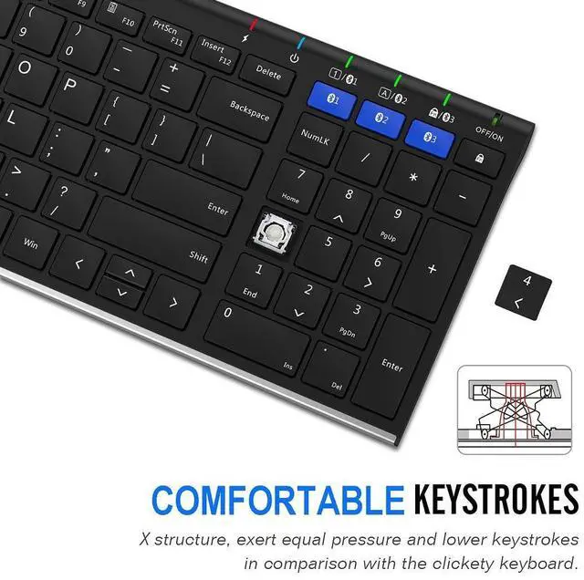 Alt view image 4 of 7 - HB193 Universal Bluetooth Keyboard Multi-Device Stainless Steel Full Size Wireless Keyboard for Windows, iOS, Android, Computer Desktop Laptop Surface Tablet Smartphone Rechargeable Battery