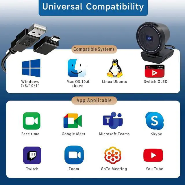 Alt view image 6 of 7 - 4K USB Webcam for PC with Speaker & Microphone, 85° Wide Angle Web Camera, Auto Focus, Dual Noise Cancelling Mics, Privacy Cover, Plug-and-Play for Desktop/Laptop