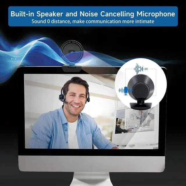 Alt view image 5 of 7 - 4K USB Webcam for PC with Speaker & Microphone, 85° Wide Angle Web Camera, Auto Focus, Dual Noise Cancelling Mics, Privacy Cover, Plug-and-Play for Desktop/Laptop