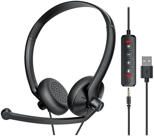Main image of USB Headset with Microphone for PC Laptop - Wired Computer Headphones with Noise Cancelling Microphone for Home Office Online Class Skype Zoom Meetings,in Line Mute Controls