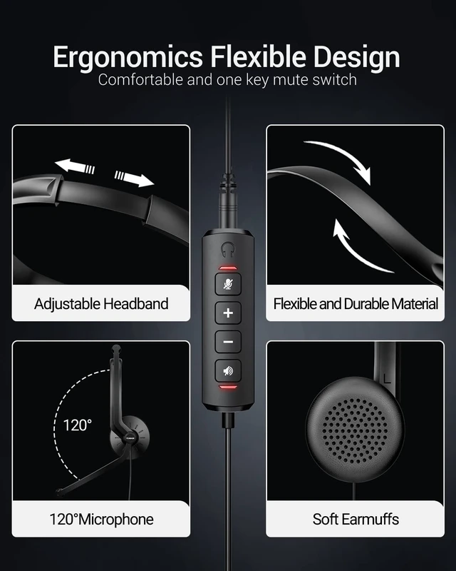 Alt view image 5 of 6 - USB Headset with Microphone for PC Laptop - Wired Computer Headphones with Noise Cancelling Microphone for Home Office Online Class Skype Zoom Meetings,in Line Mute Controls