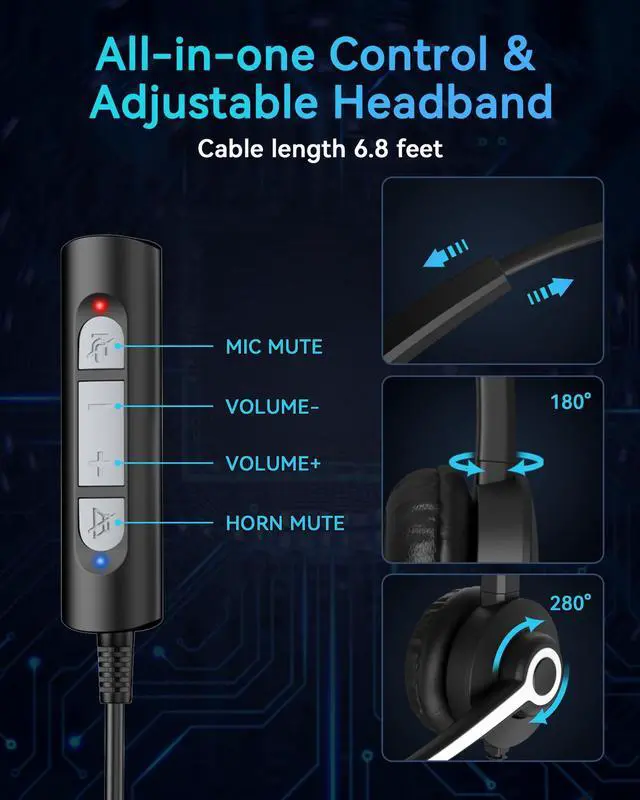 Alt view image 3 of 7 - USB Headset with Microphone for PC, Computer Headset with Noise Cancelling Mic, Mute & Volume Control, Wired Headset for Work, Zoom, Teams, Online Meetings, Home Office
