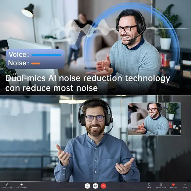 Alt view image 2 of 7 - Wireless Headset with Mic for Work, Headset Wireless Bluetooth V5.3 with AI Noise Cancelling Microphone with USB Dongle & Mic Mute for Computer PC Laptop Remote Work Home Office (Black)