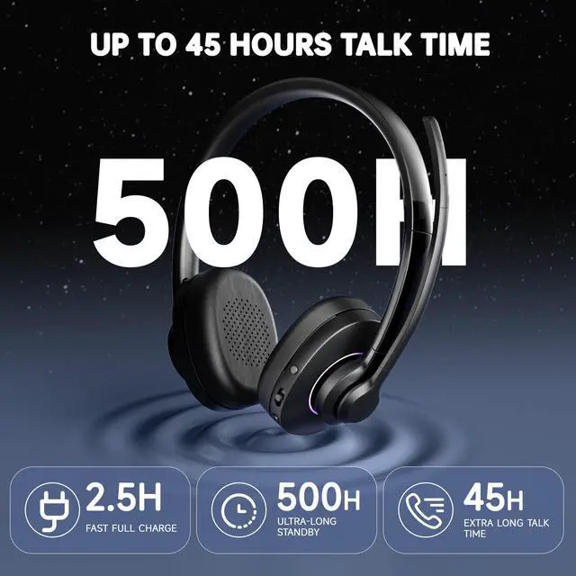 Alt view image 7 of 7 - Wireless Headset with Mic for Work, Headset Wireless Bluetooth V5.3 with AI Noise Cancelling Microphone with USB Dongle & Mic Mute for Computer PC Laptop Remote Work Home Office (Black)