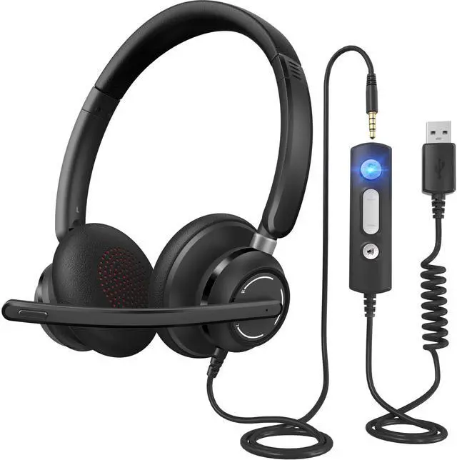 Main image of Wired Headphones with Microphone for PC, On-Ear Computer Laptop USB Headset with Noise Cancelling Microphone in-line Control for Home Office Online Class Skype Zoom, (3.5mm + USB)