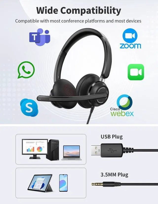 Alt view image 6 of 7 - Wired Headphones with Microphone for PC, On-Ear Computer Laptop USB Headset with Noise Cancelling Microphone in-line Control for Home Office Online Class Skype Zoom, (3.5mm + USB)
