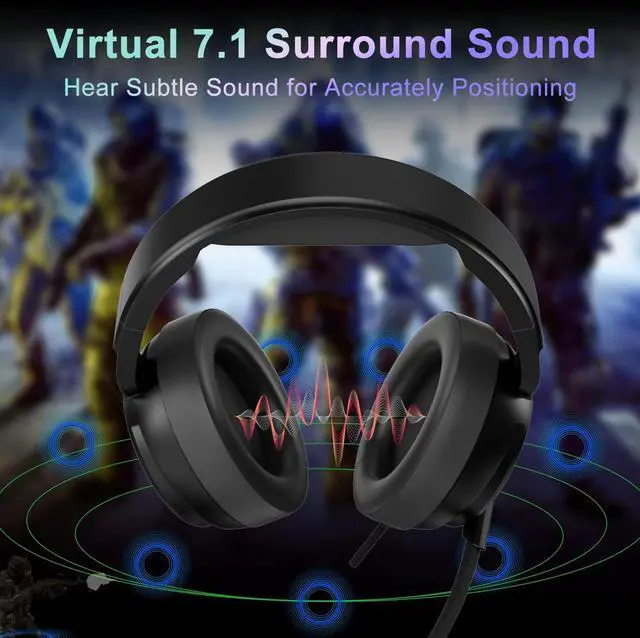Alt view image 3 of 7 - V20U USB Pro Gaming Headset for PC - 7.1 Surround Sound Headphones with Noise Cancelling Microphone- Memory Foam Ear Pads RGB Lights for Laptops